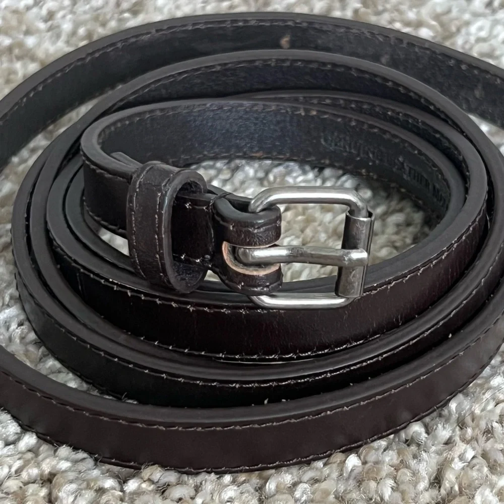 Dark Brown Leather long skinny Belt with Buckle